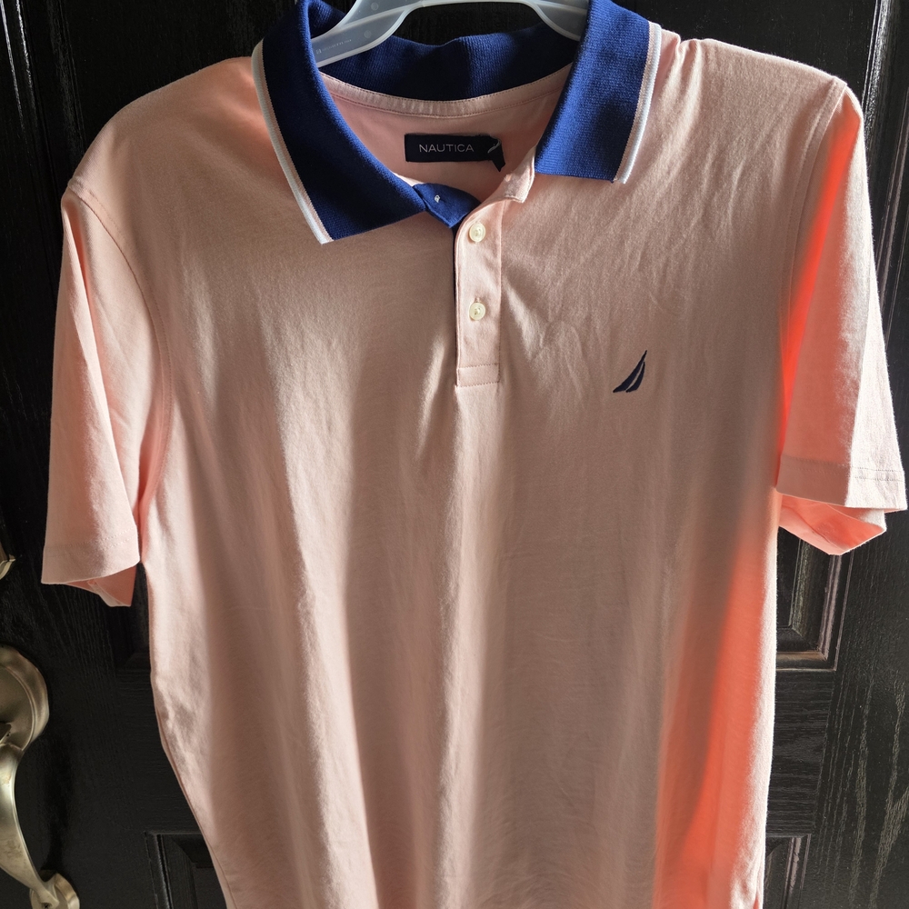 Nautica Men's Pink Polo Shirt with Blue Collar